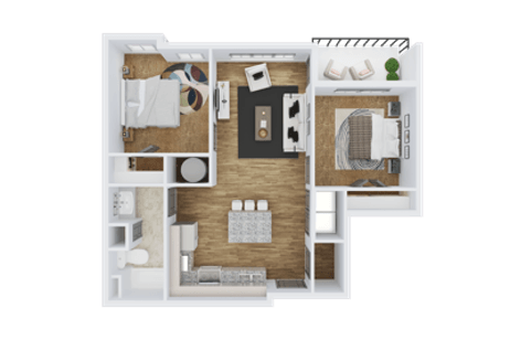 Floor plan for 2 beds, 2 baths, 870 sqft